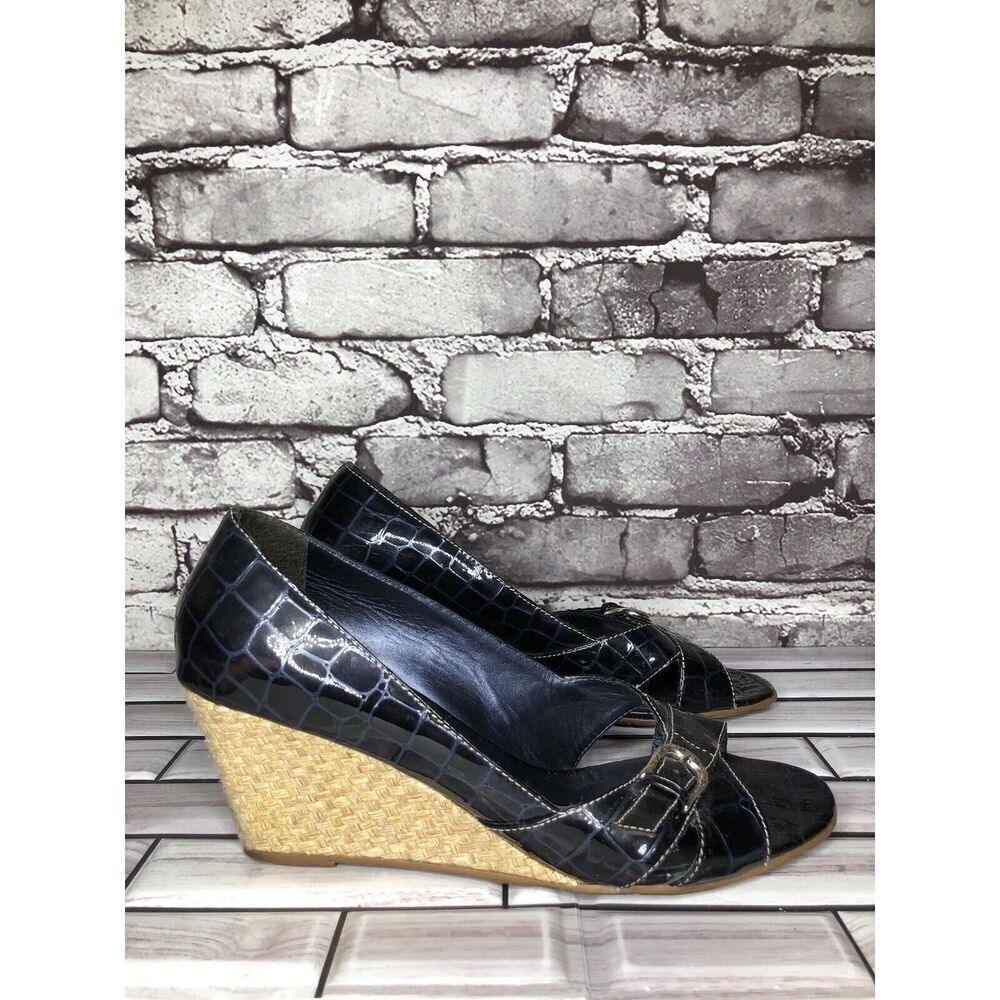 Brighton Riva Blue Croc Patent Leather Espadrille High Wedge Women Sz 9M US/40EU - Picture 13 of 16